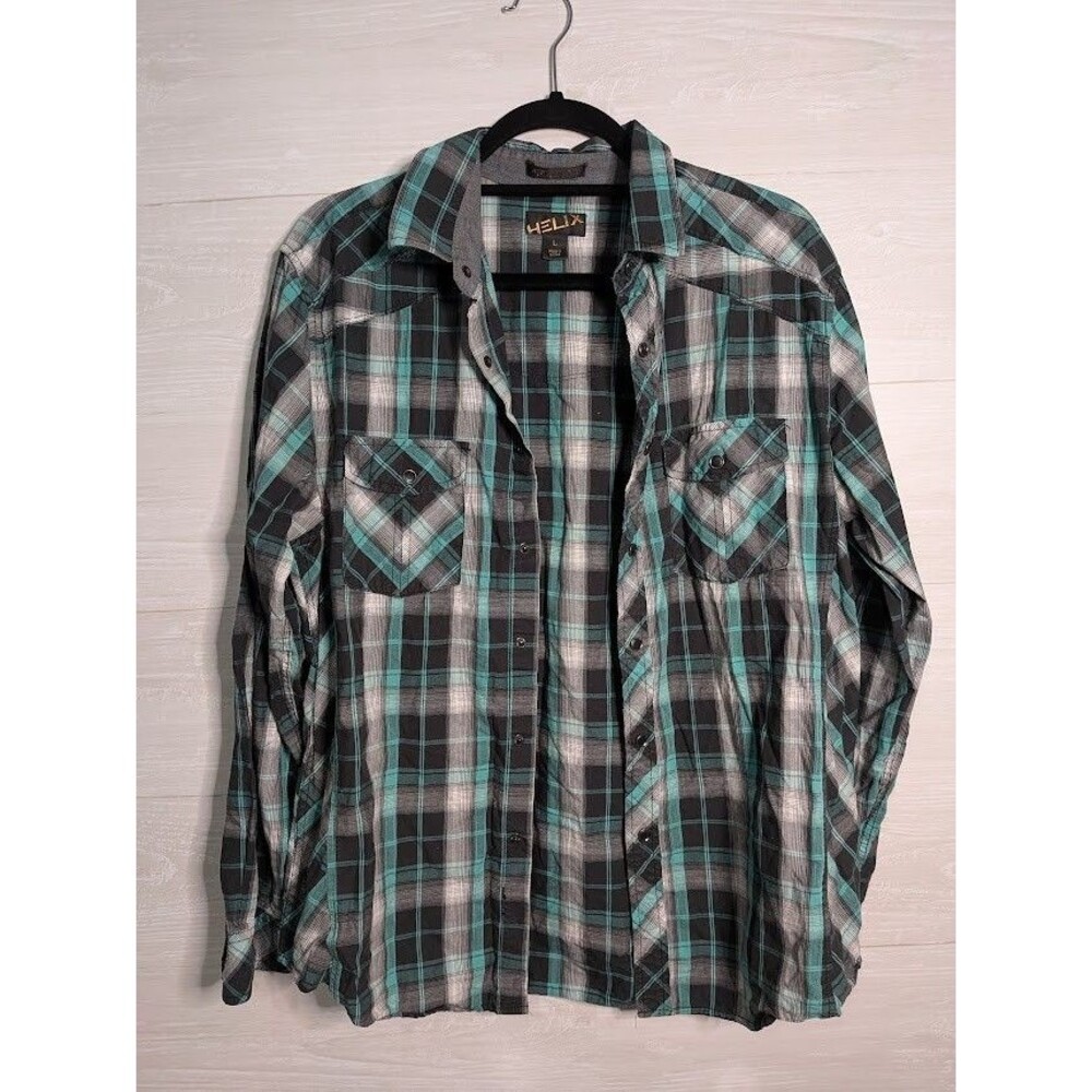 Helix Athletic Fit Western Pearl Snap Shirt Large Teal Black White Plaid MOTO